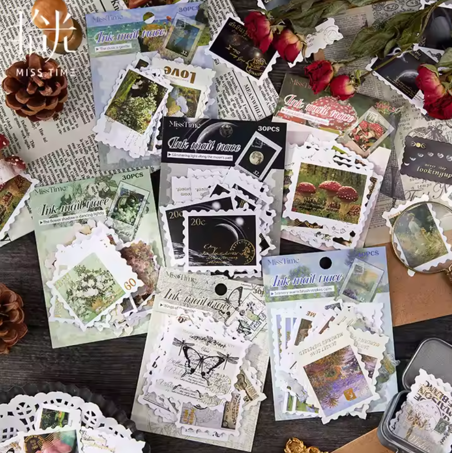 30 Stickers Timbres con foil dorado