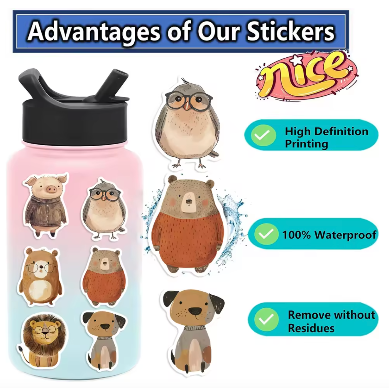 50 Stickers Vinil Animales Tiernos