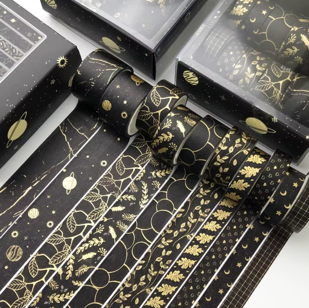 10 Washi Tapes Negros con foil dorado