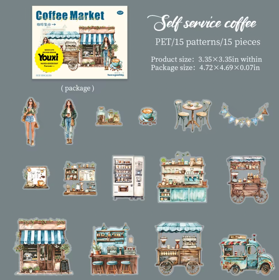15 Stickers transparentes café