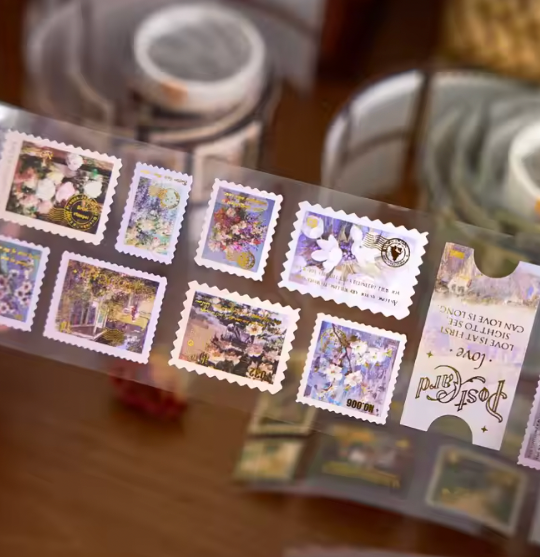 Rollo de Stickers Timbres postales con foil dorado