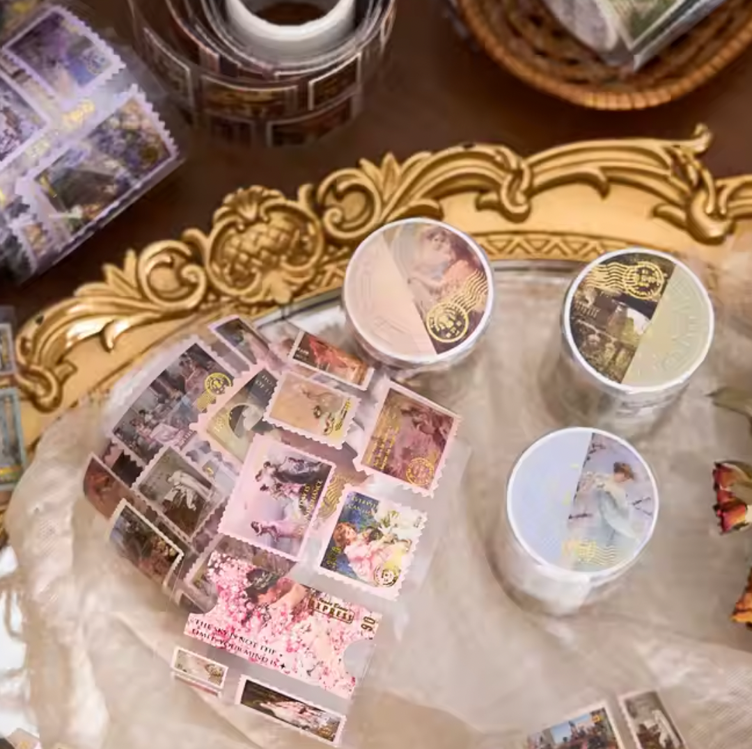 Rollo de Stickers Timbres postales con foil dorado