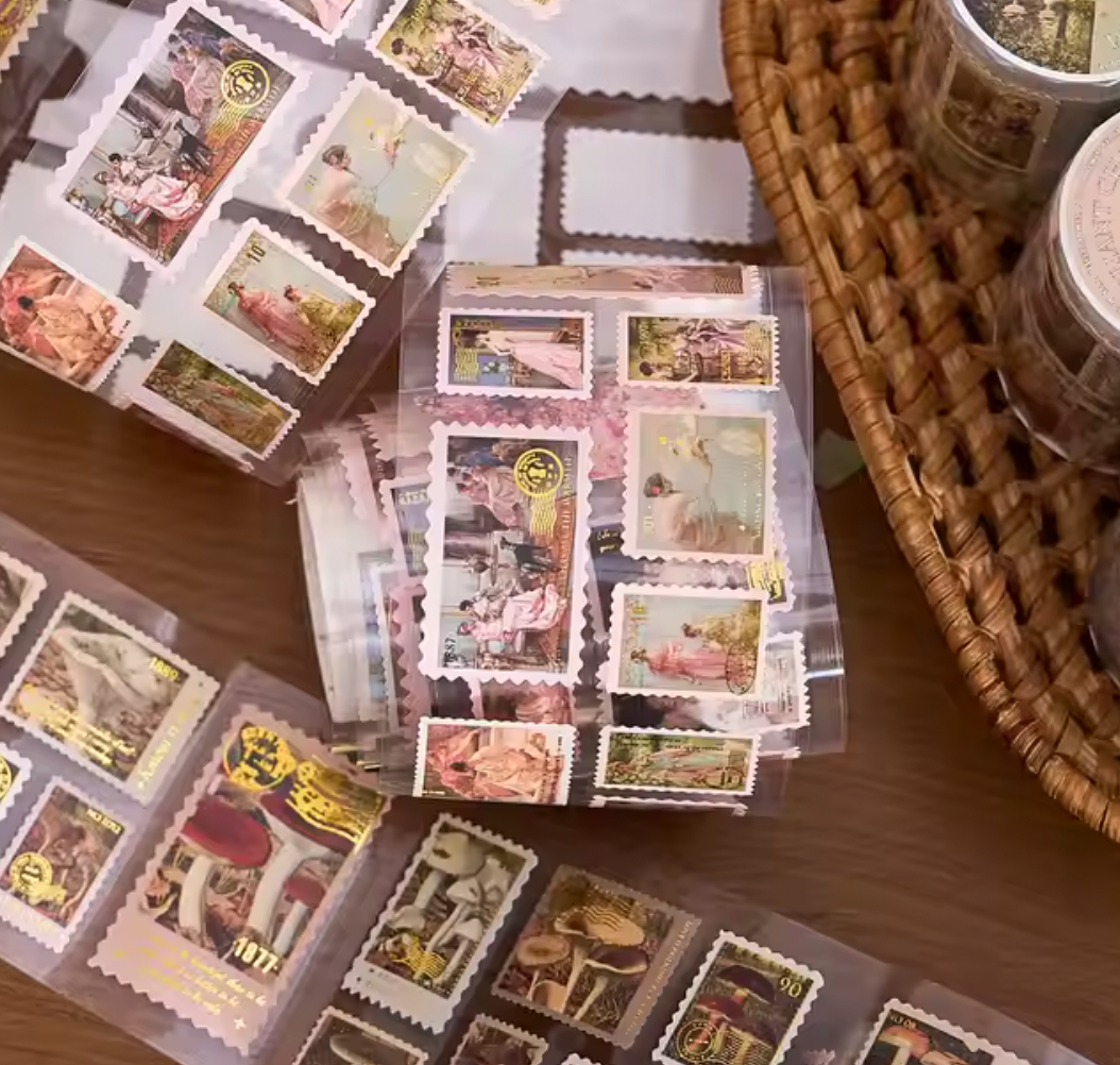 Rollo de Stickers Timbres postales con foil dorado
