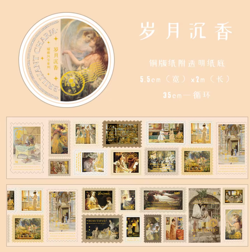 Rollo de Stickers Timbres postales con foil dorado