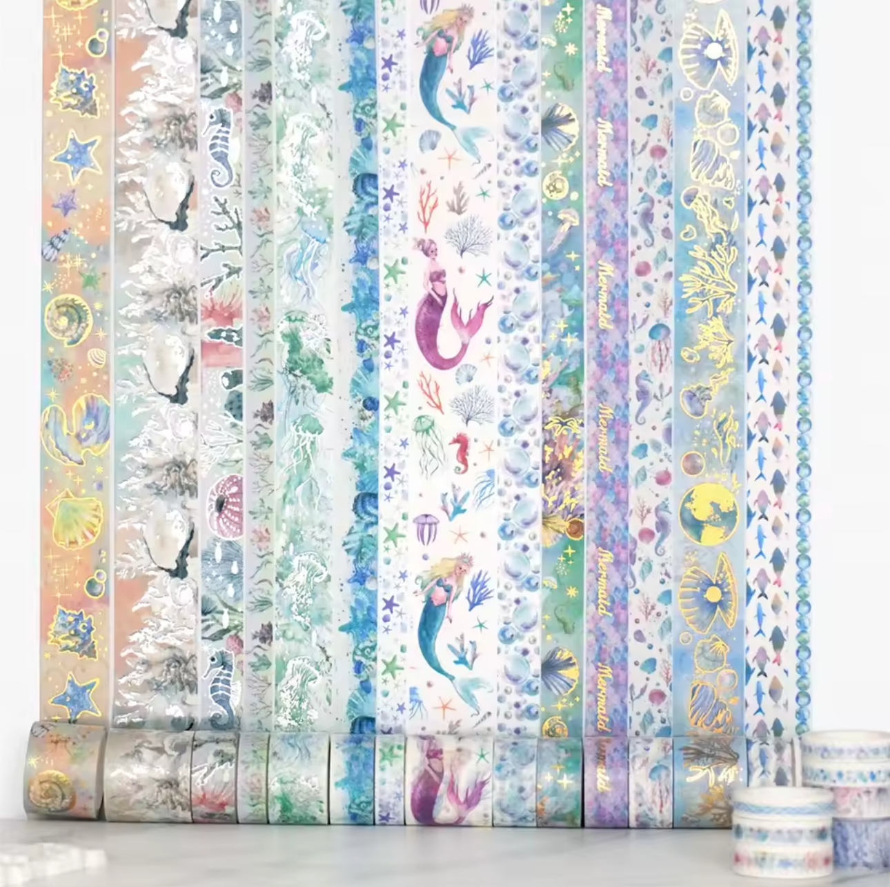 24 Washi Tapes del mar con foil dorado & plateado
