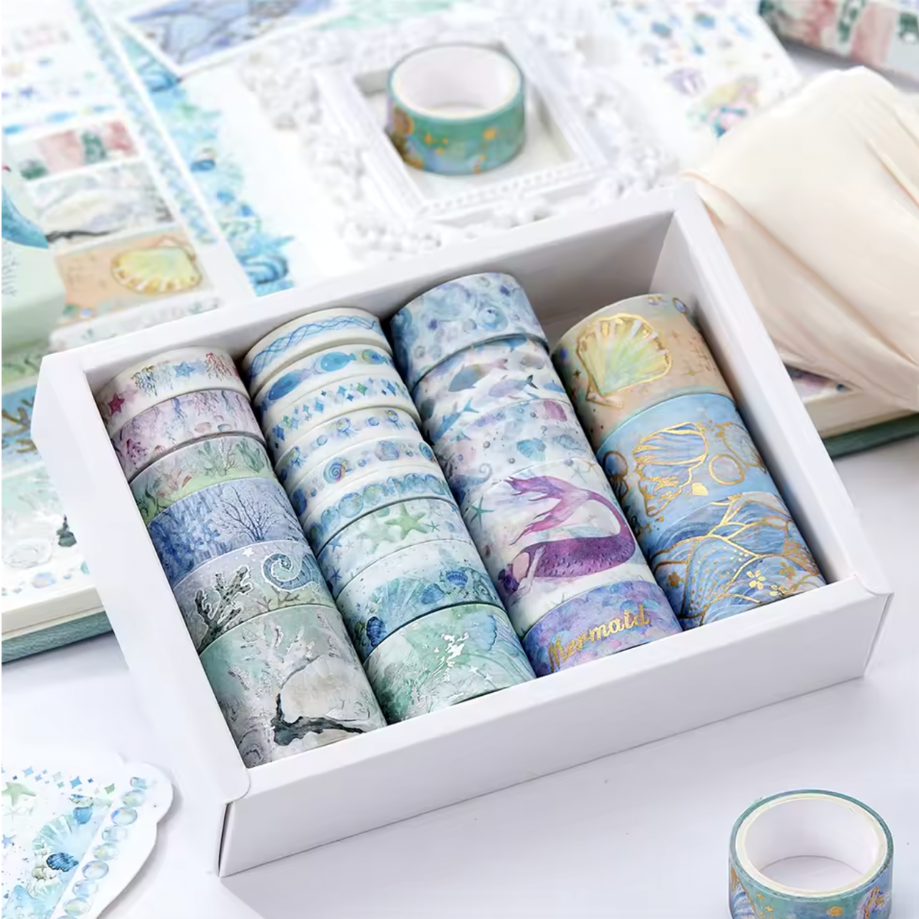 24 Washi Tapes del mar con foil dorado & plateado