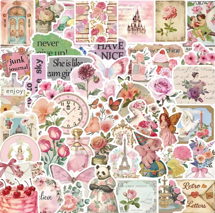 50 Stickers Vinil Rosa Vintage