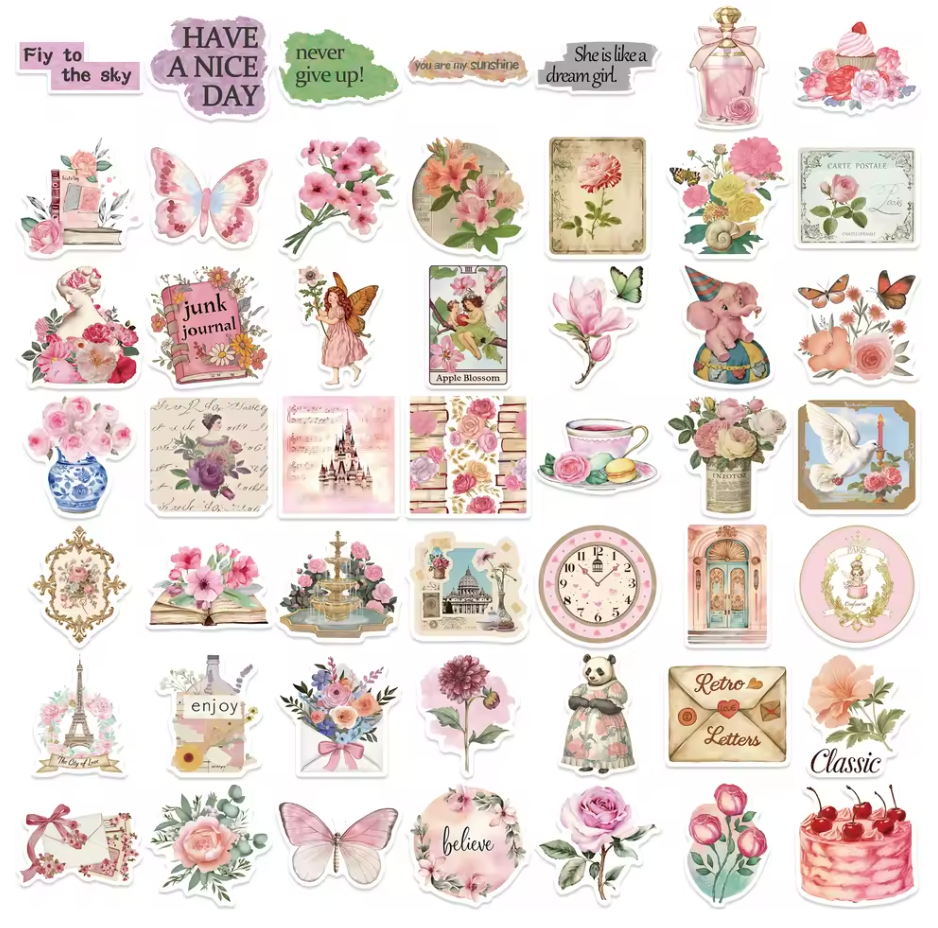 50 Stickers Vinil Rosa Vintage