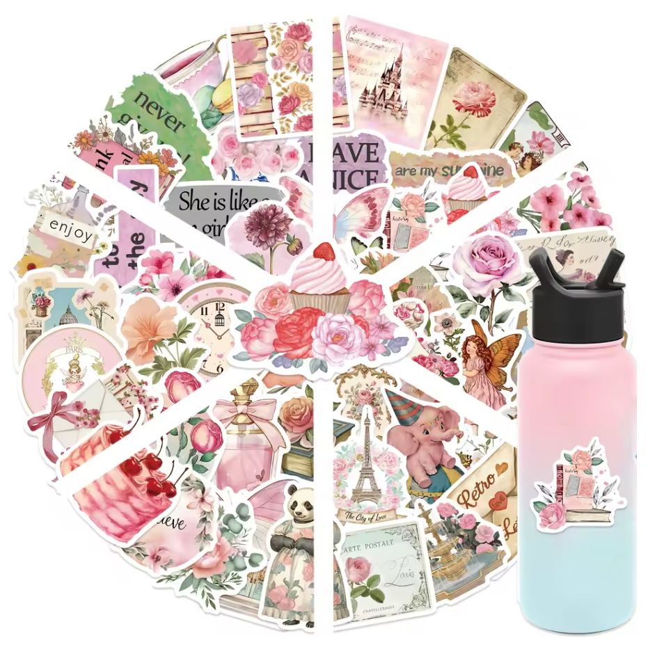 50 Stickers Vinil Rosa Vintage