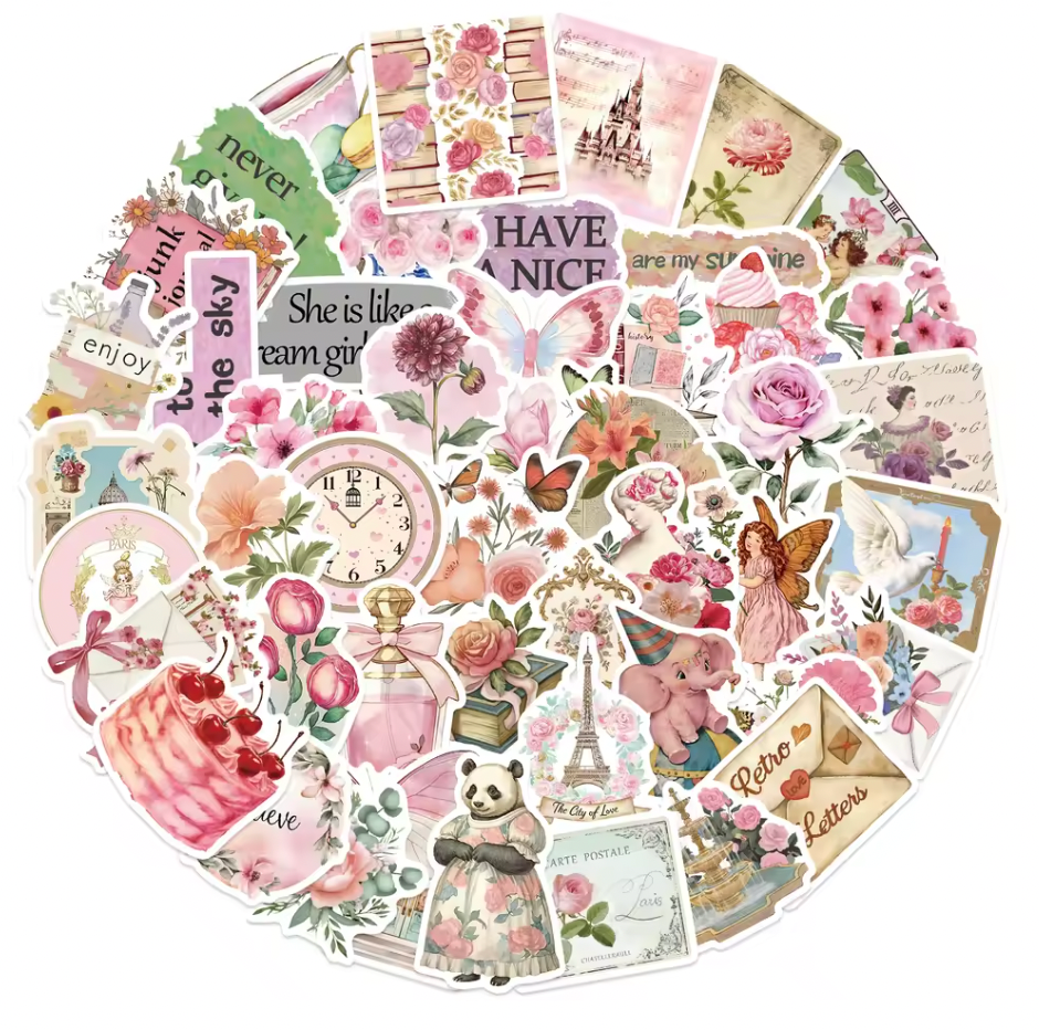 50 Stickers Vinil Rosa Vintage