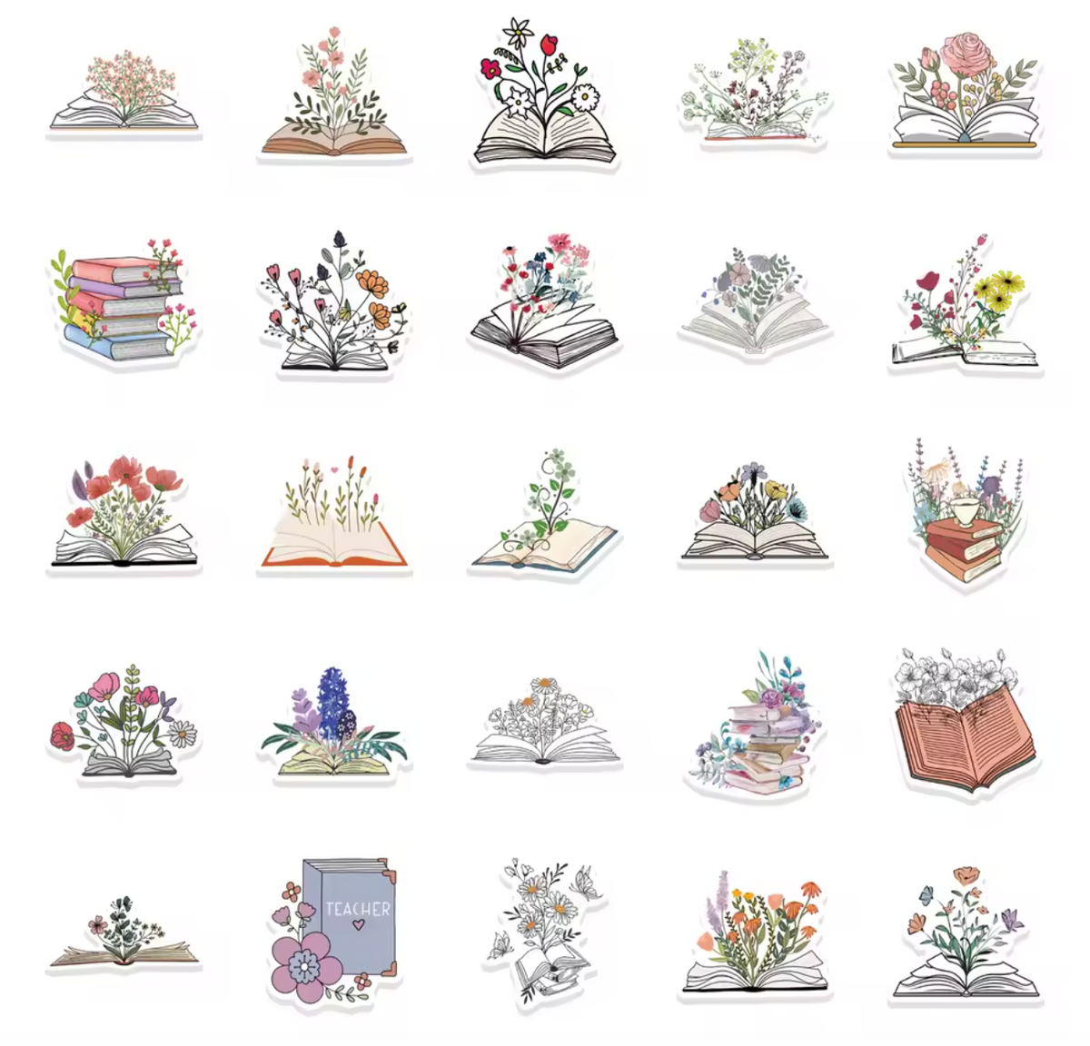 50 Stickers Vinil Libros & Flores