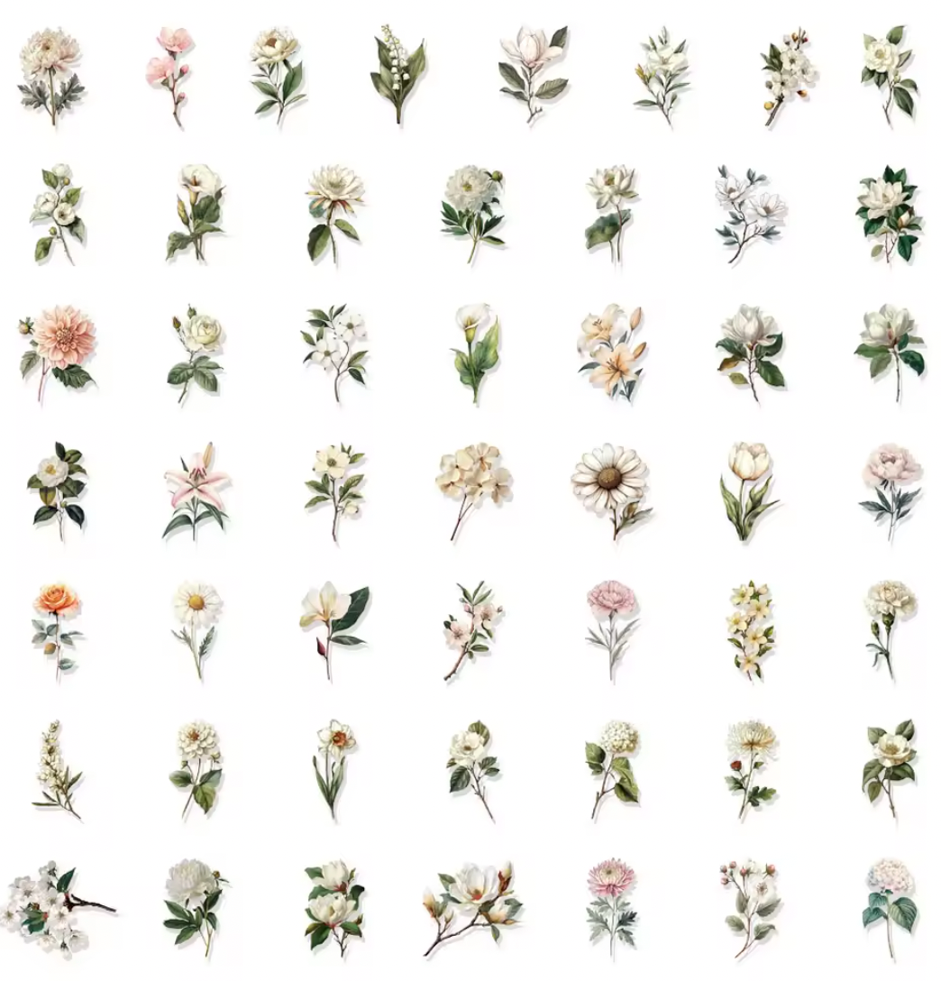 50 Stickers transparentes Flores blancas