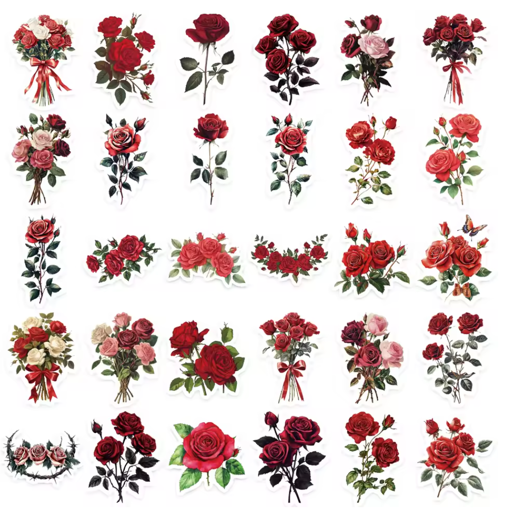 50 Stickers Transparentes Rosas Rojas