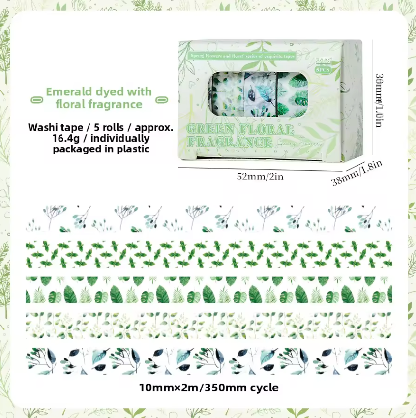 Cajita de 5 washi tapes delgados flores
