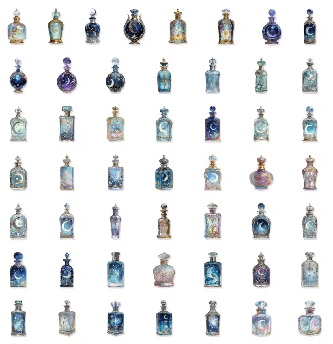 50 Stickers Transparentes Frascos Misticos