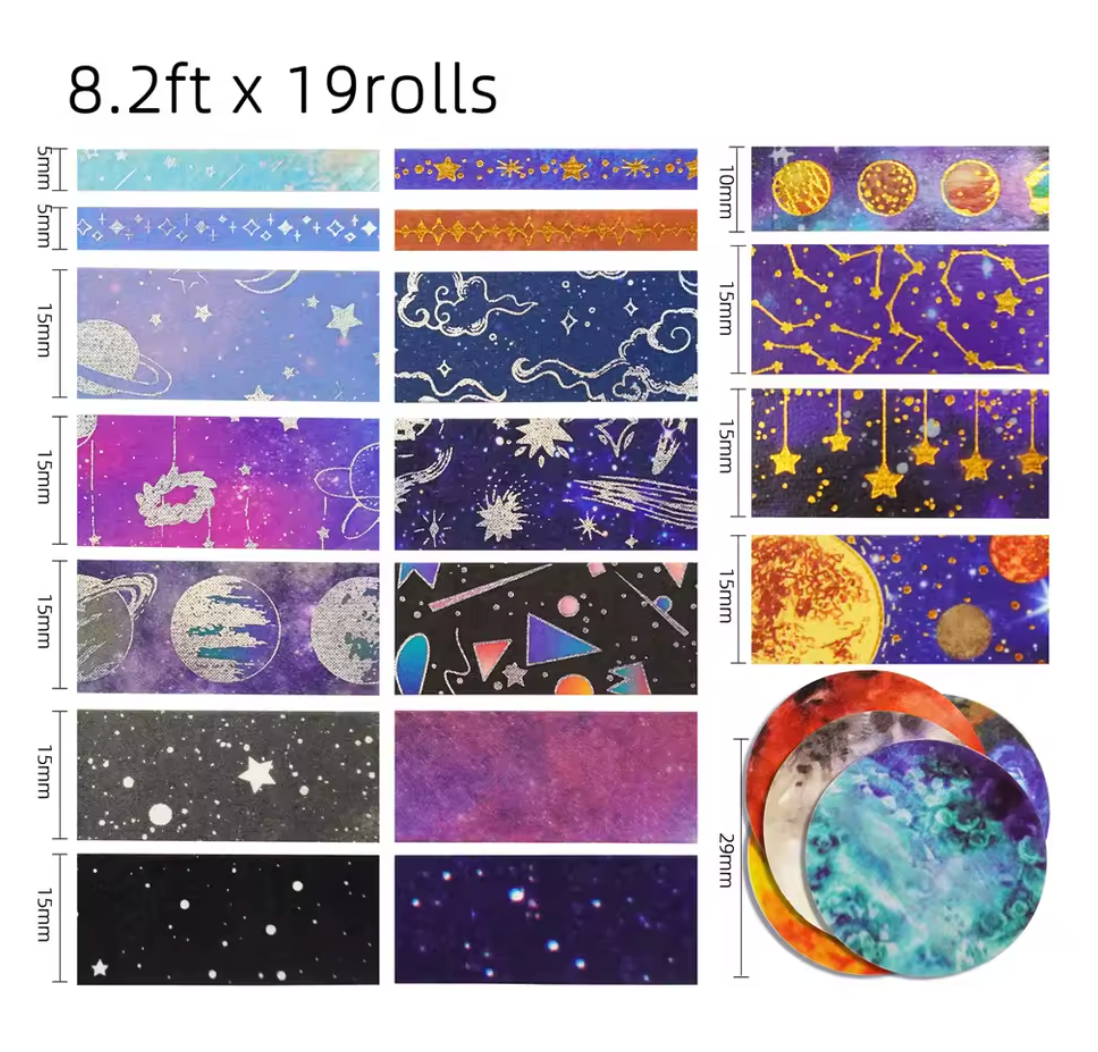 19 Washi tapes Lunas & universo foil dorado & plateado
