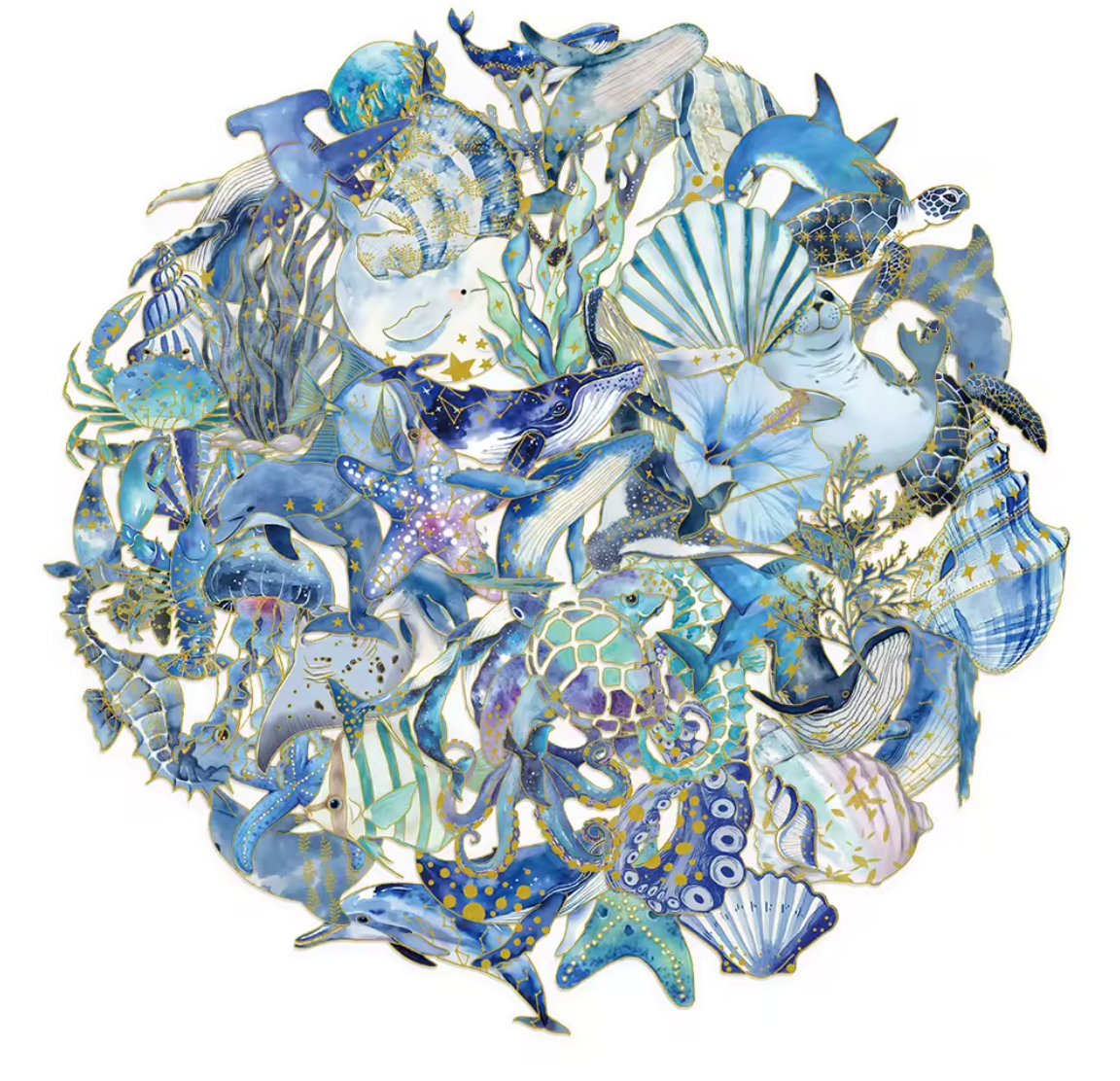 50 Stickers del mar con foil dorado