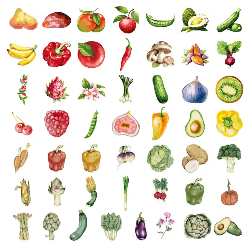 50 Stickers Vinil Verduras Acuarela