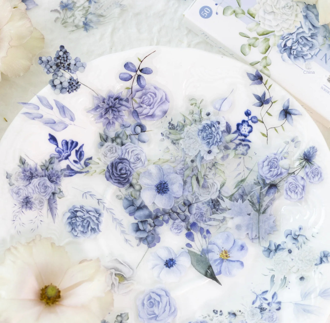 Cajita de 50 Stickers Flores transparentes