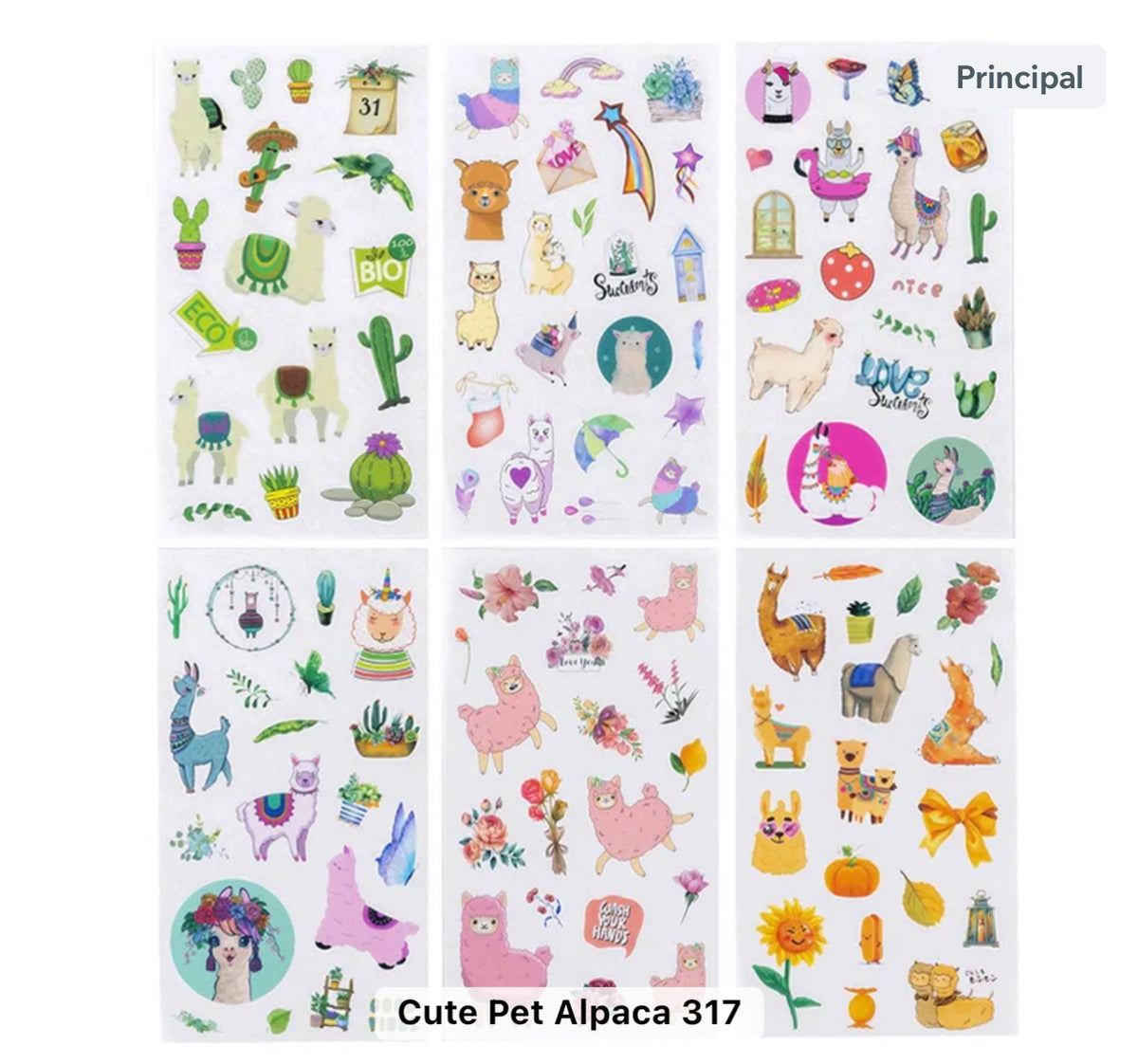 6 Hojas de Stickers Llamas Coloridas