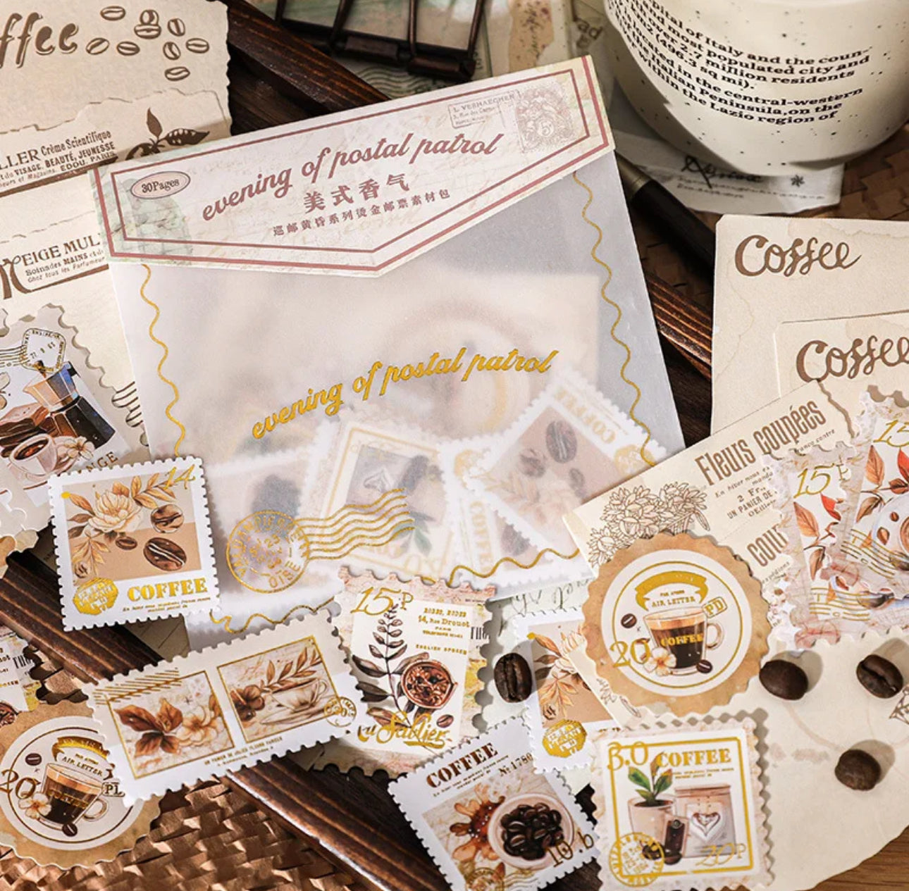 30 Stickers Timbres & recortes con foil dorado