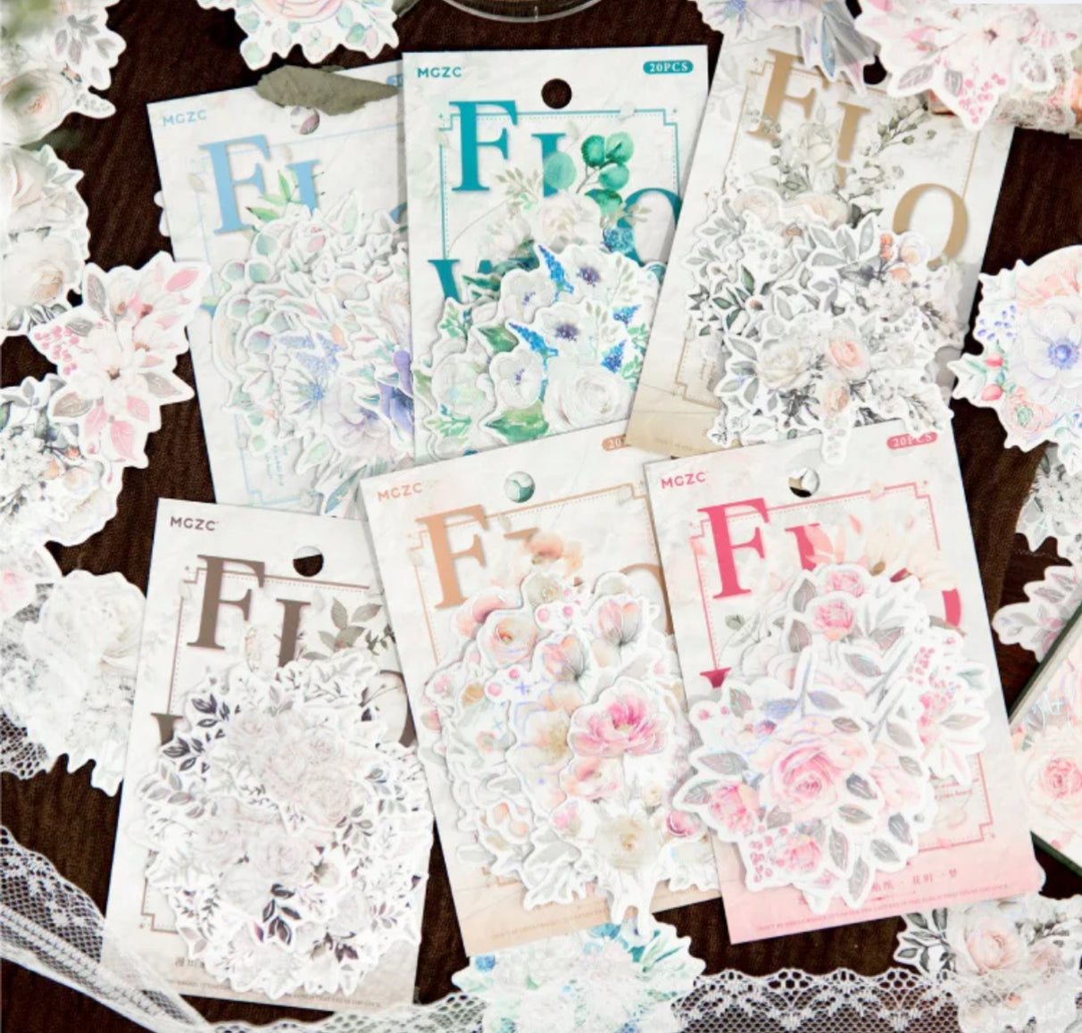 20 Stickers Flores con foil plateado