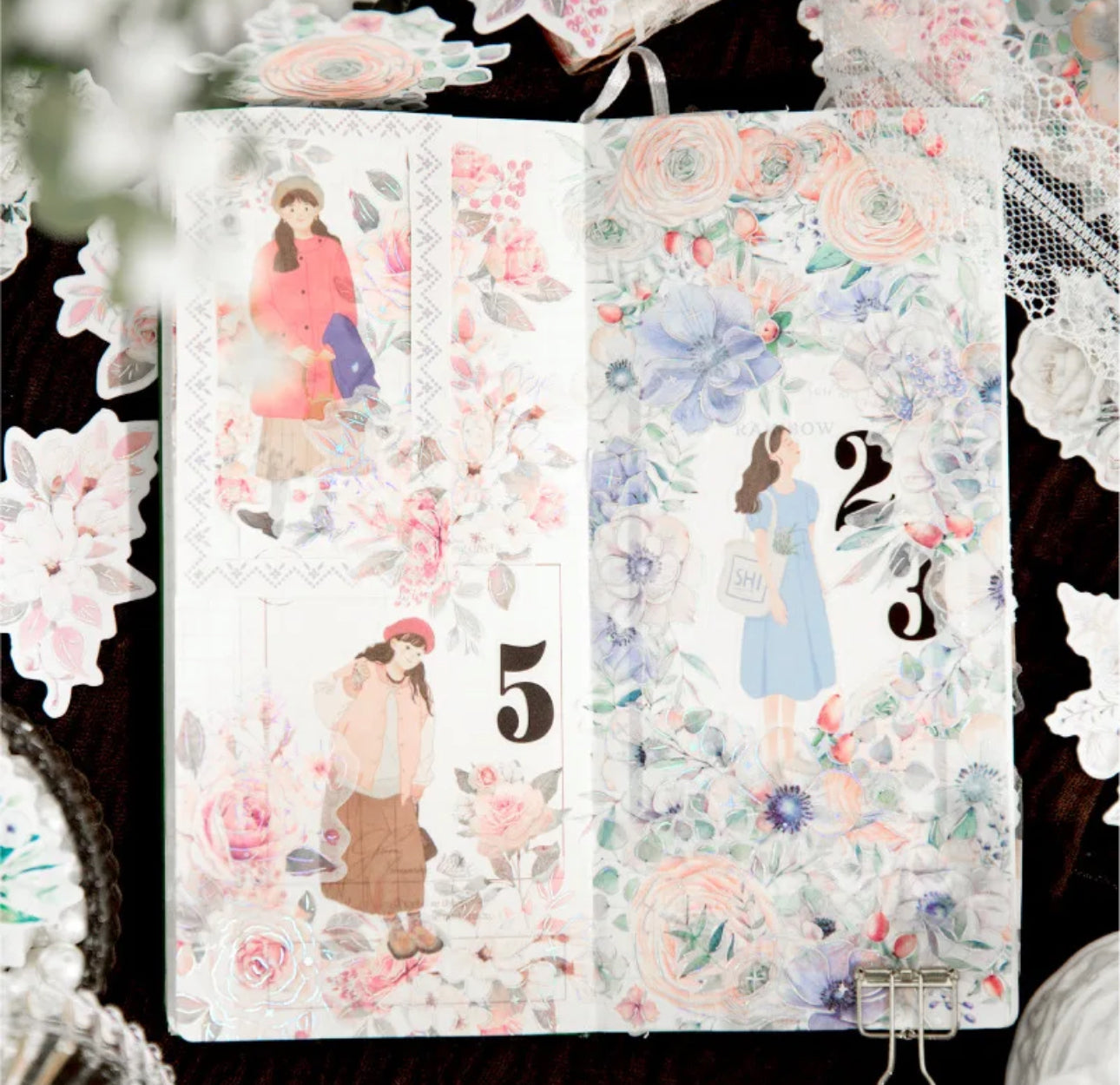 20 Stickers Flores con foil plateado