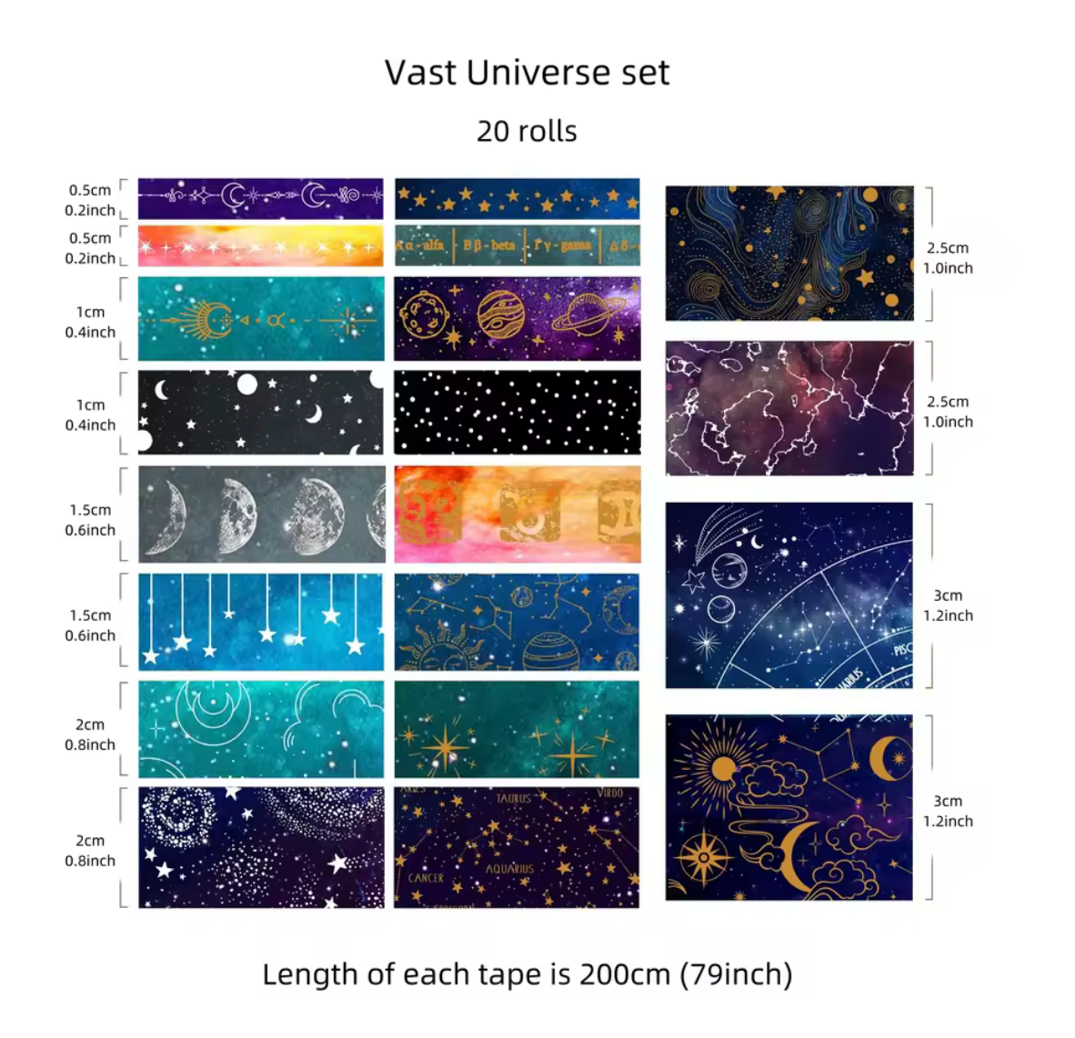 20 Washi Tapes con detalles dorados Universo & Galaxia