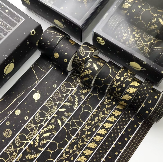 10 Washi Tapes Negros con foil dorado