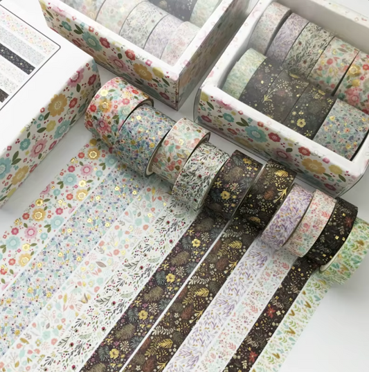 10 Washi Tapes Flores con foil dorado
