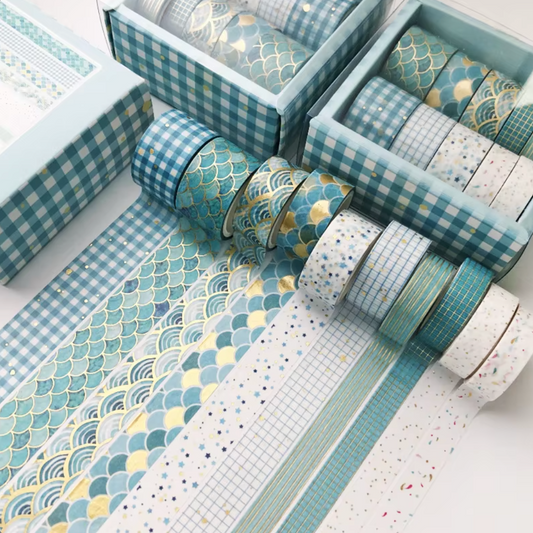 10 Washi Tapes Azules con foil dorado