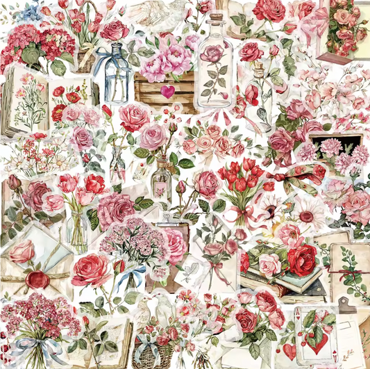 50 Stickers Grandes transparentes Flores tonos rosa