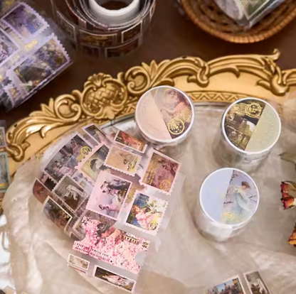 Rollo de Stickers Timbres postales con foil dorado