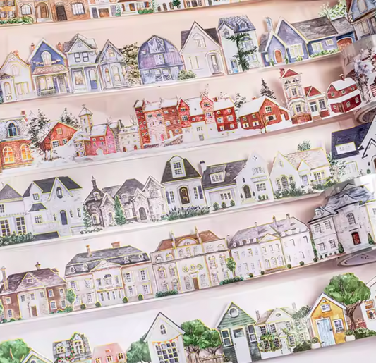 Washi Tape Ancho Casas con foil dorado