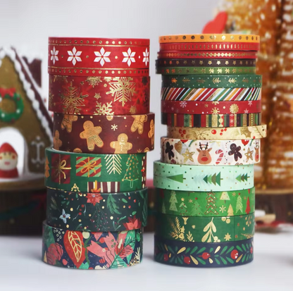 12 Rollos de Washi Tape Navideño con foil dorado