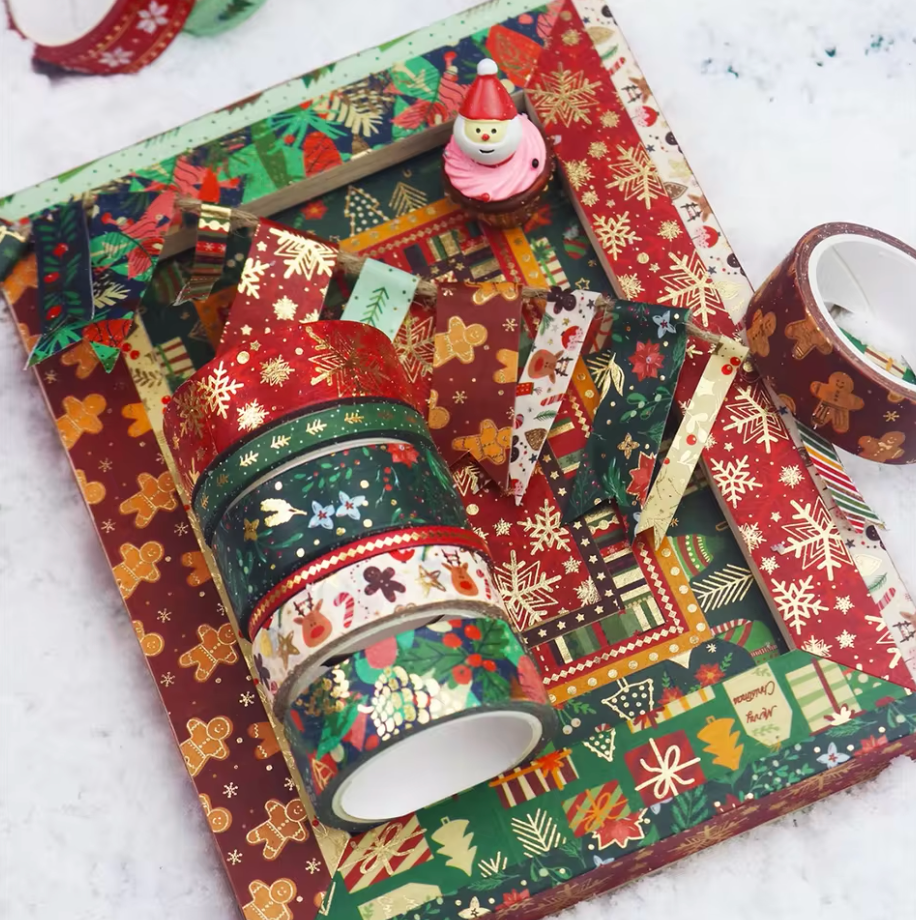 12 Rollos de Washi Tape Navideño con foil dorado