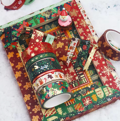 12 Rollos de Washi Tape Navideño con foil dorado
