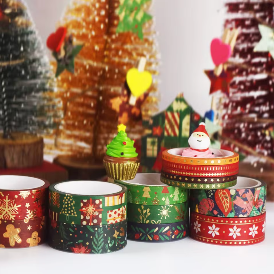 12 Rollos de Washi Tape Navideño con foil dorado