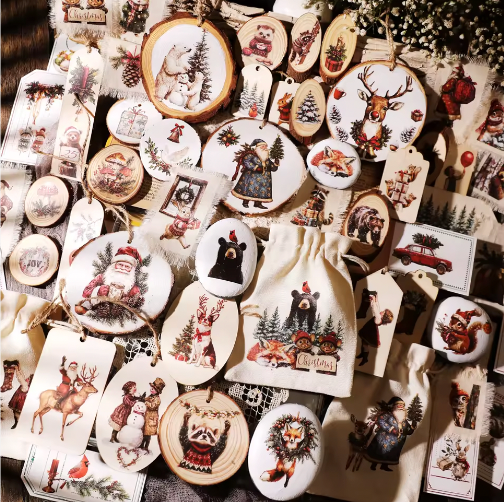 3 Hojas Grandes de Stickers / Papel transfer Animales Navidad