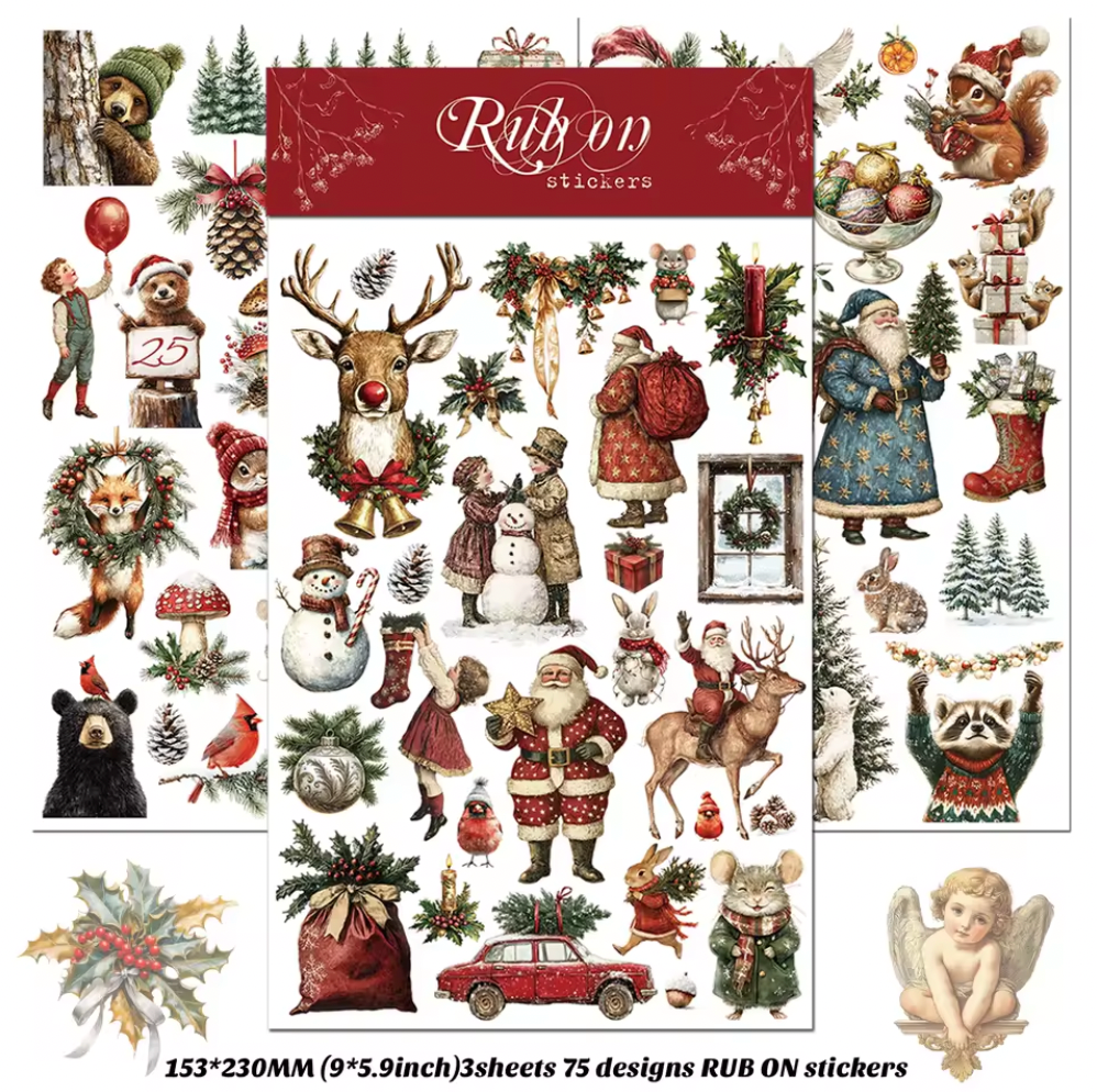 3 Hojas Grandes de Stickers / Papel transfer Animales Navidad