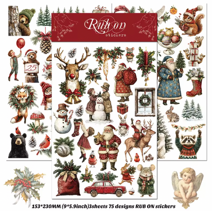 3 Hojas Grandes de Stickers / Papel transfer Animales Navidad