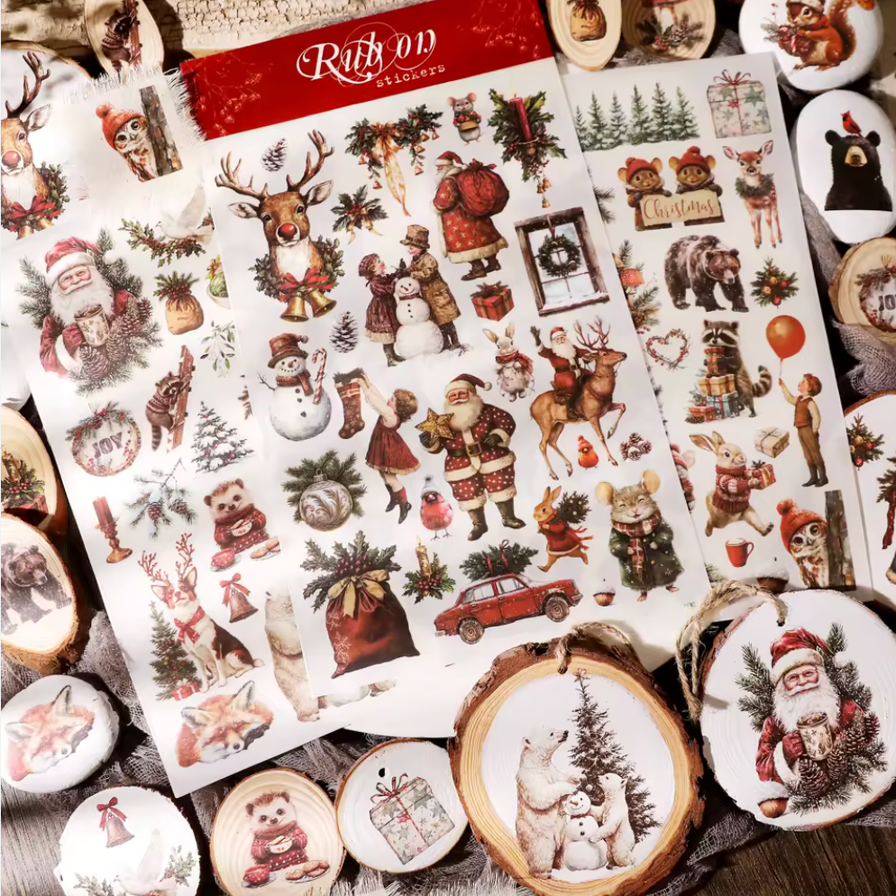 3 Hojas Grandes de Stickers / Papel transfer Animales Navidad