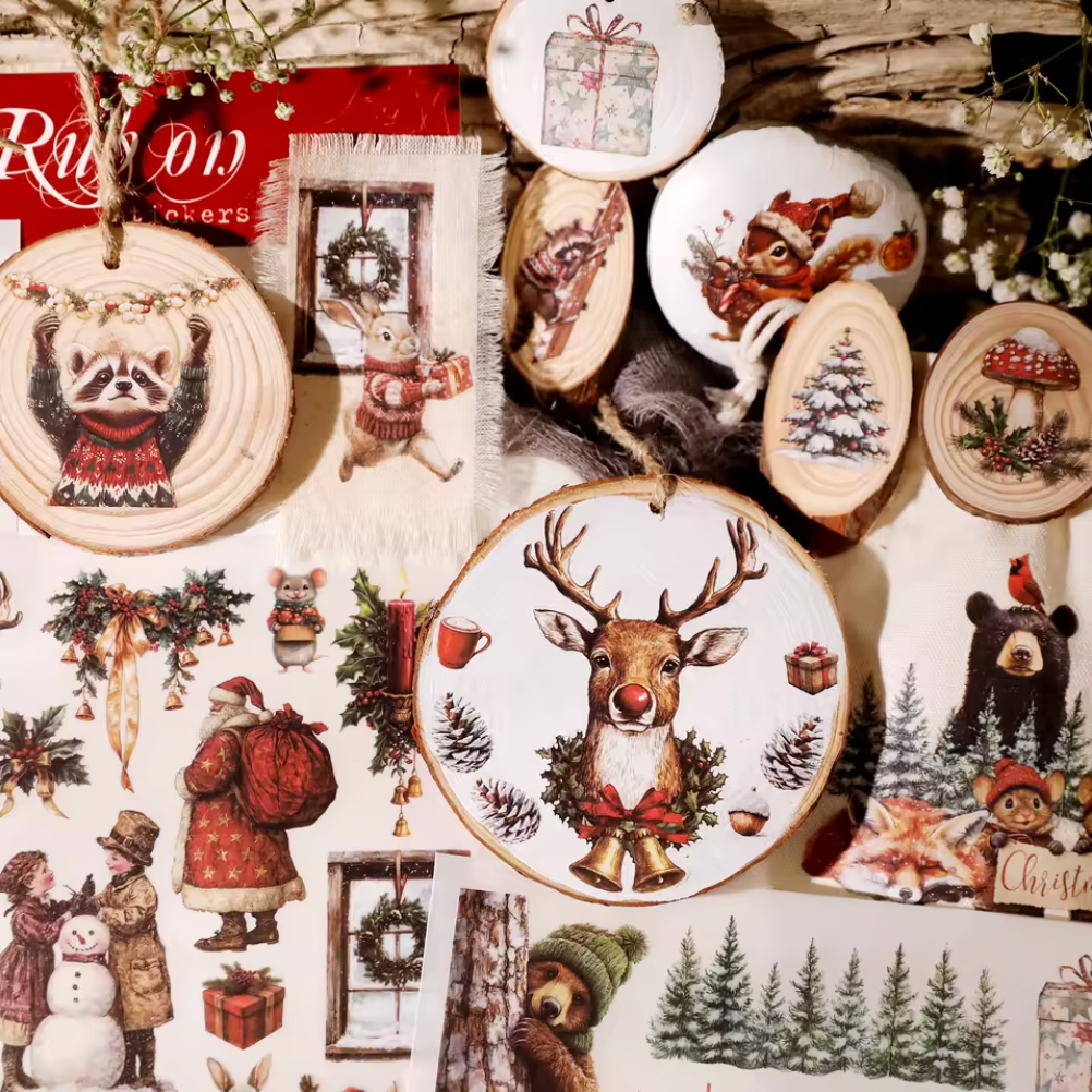 3 Hojas Grandes de Stickers / Papel transfer Animales Navidad