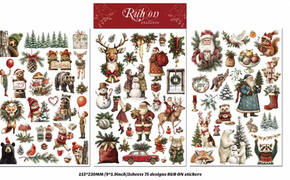 3 Hojas Grandes de Stickers / Papel transfer Animales Navidad