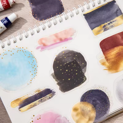 6 paquetes de 10 Stickers manchas acuarela & brillos dorados
