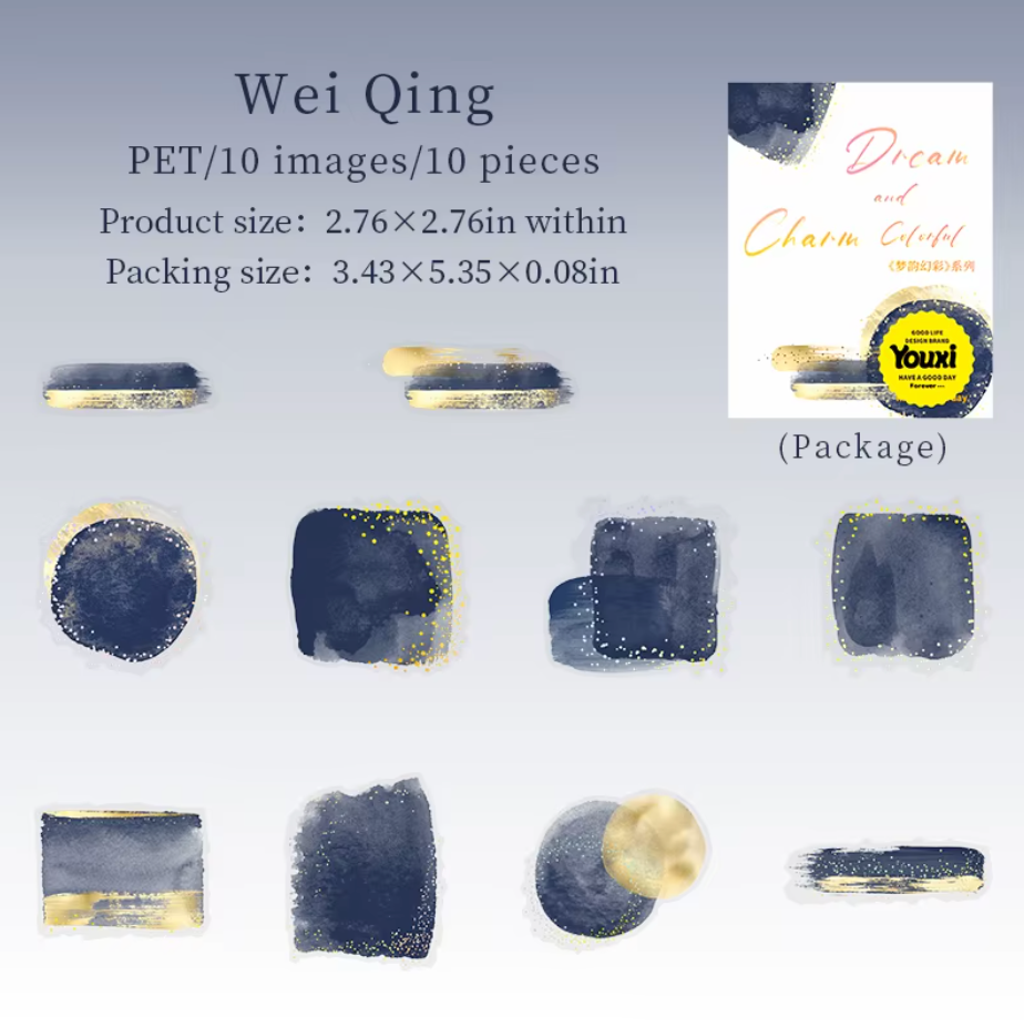 6 paquetes de 10 Stickers manchas acuarela & brillos dorados