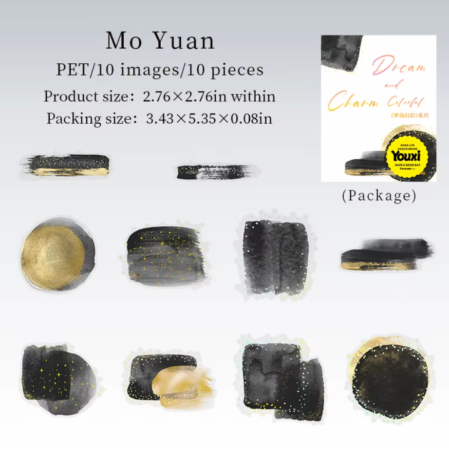 6 paquetes de 10 Stickers manchas acuarela & brillos dorados
