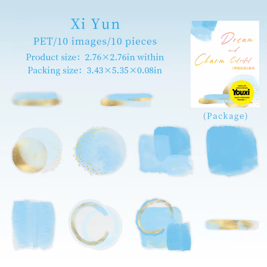 6 paquetes de 10 Stickers manchas acuarela & brillos dorados