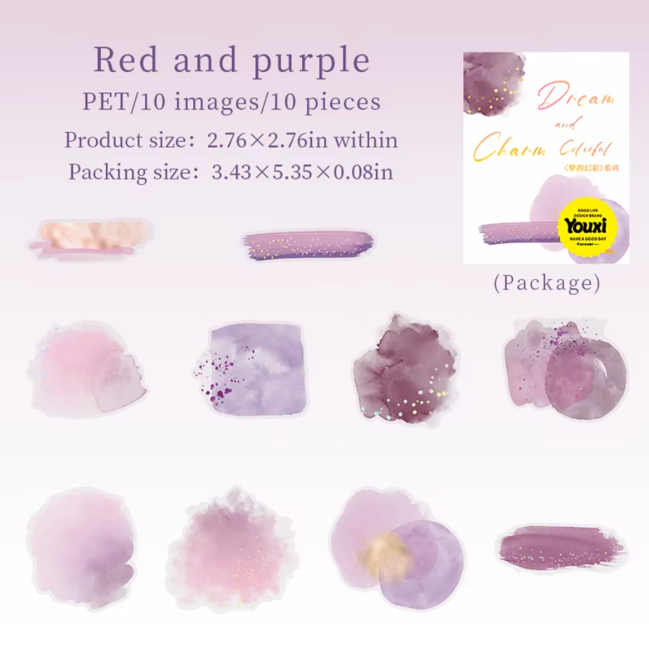 6 paquetes de 10 Stickers manchas acuarela & brillos dorados