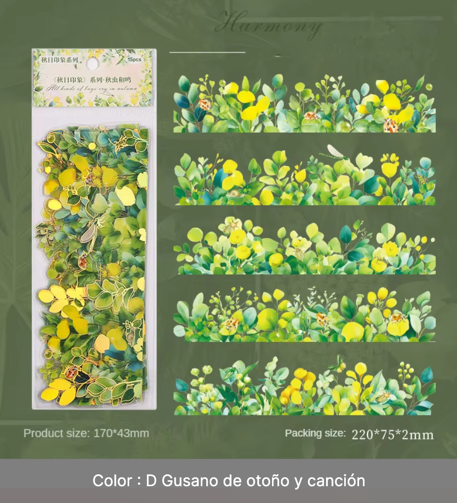 15 Tiras de Hojas de otoño con detalles dorados